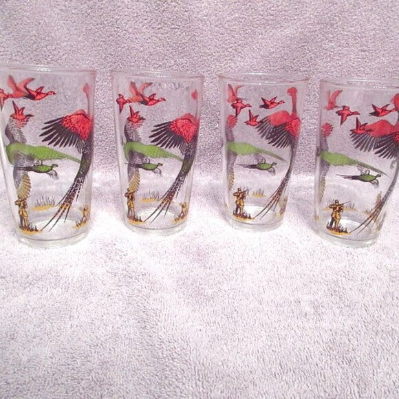 1950s Vtg Hazel Atlas Hunting Pheasant Glasses Highball Drinking Set Of 4 MCM - Picture 5 of 12